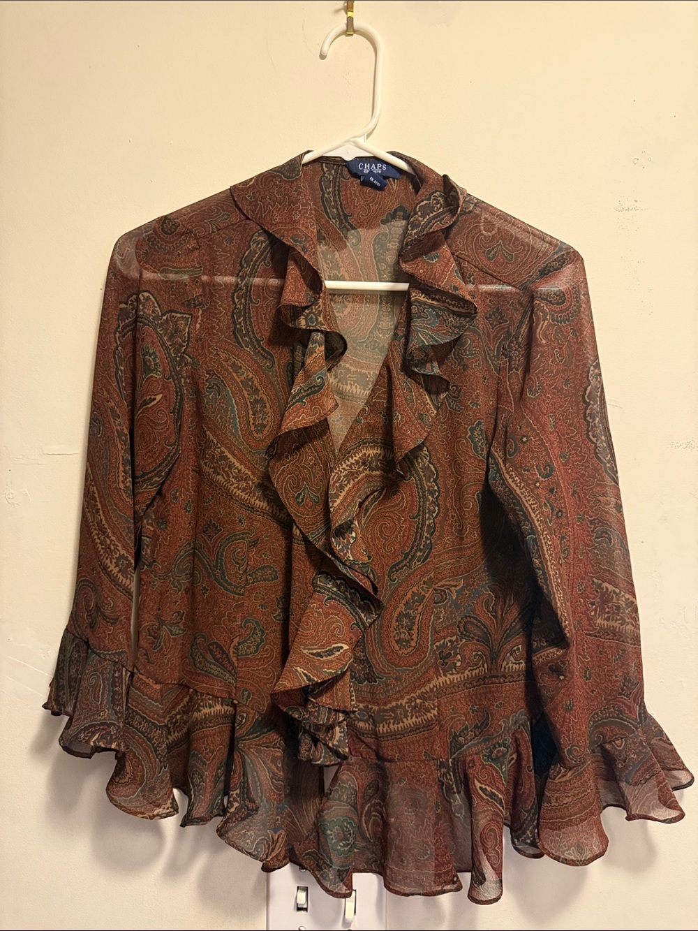 Chaps Rust Brown Paisley Ruffle Front Blouse